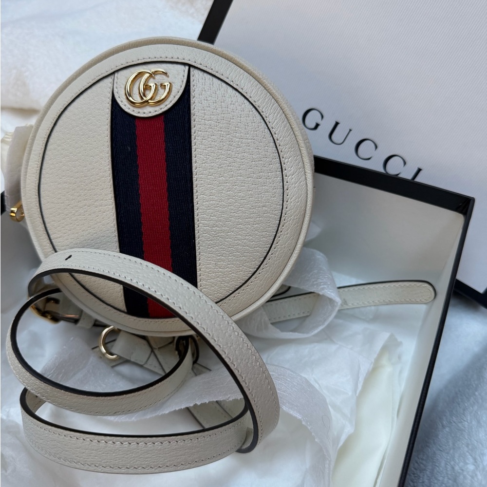 Gucci Ivory Round Crossbody with Red & Navy Web Stripe